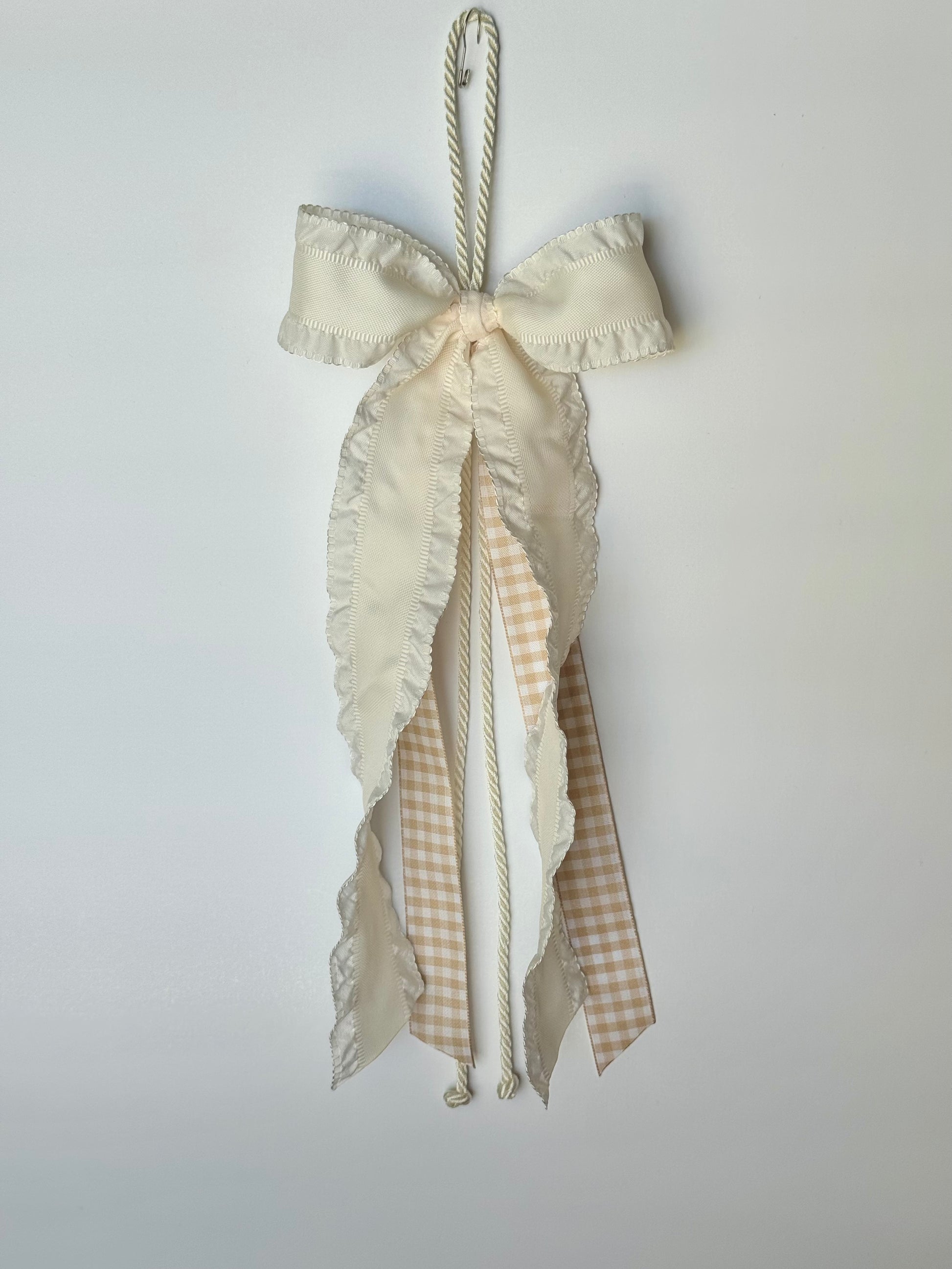 Ribbon Journal - Chloe: 1.5in ivory scalloped edge ribbon with beige gingham center ribbons. $25 each. © Foshee Design Studio 2024