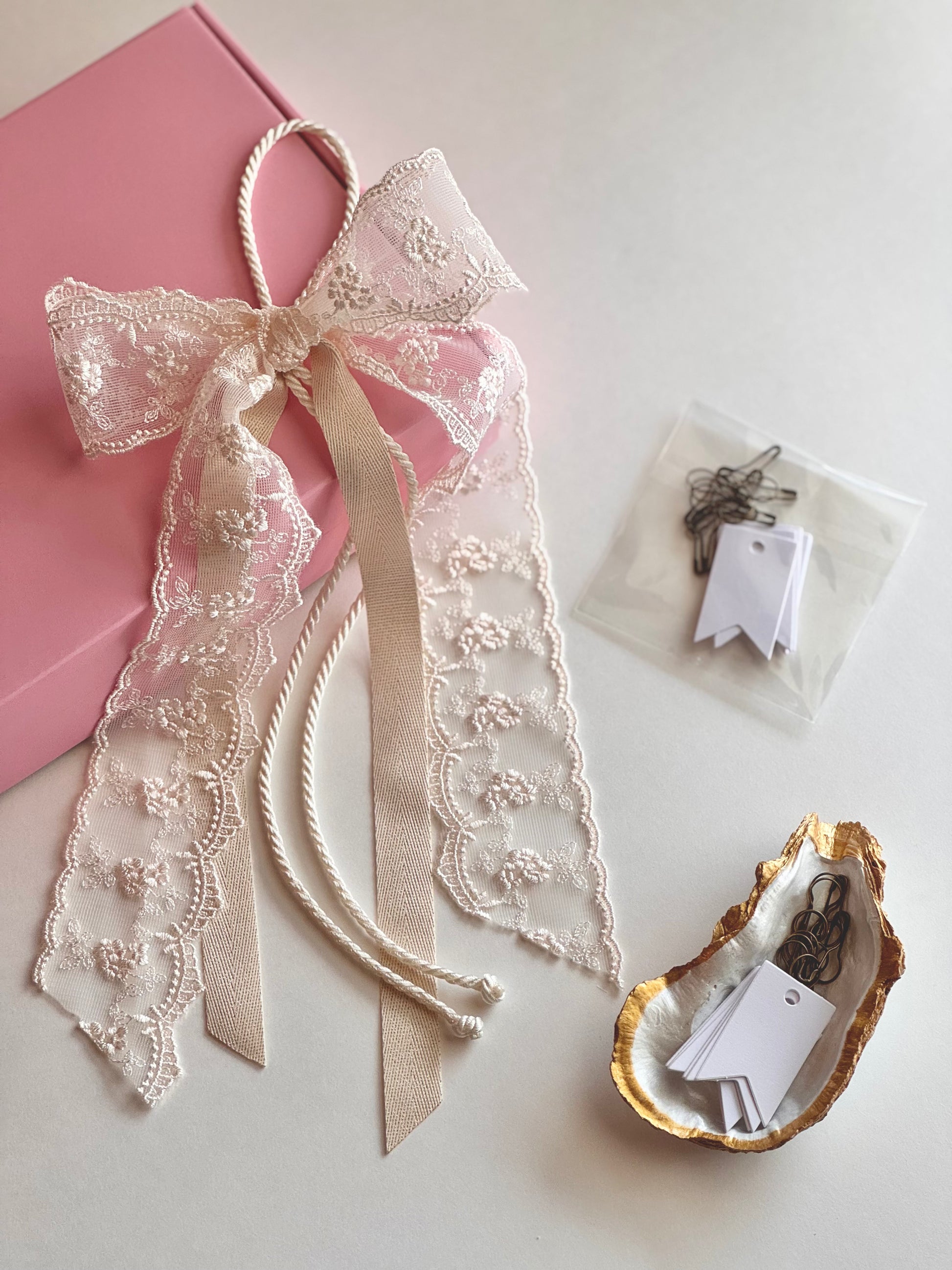 Ribbon Journal box set includes one ribbon, set of 24 pins and 24 papers, one handpainted oyster shell dish.