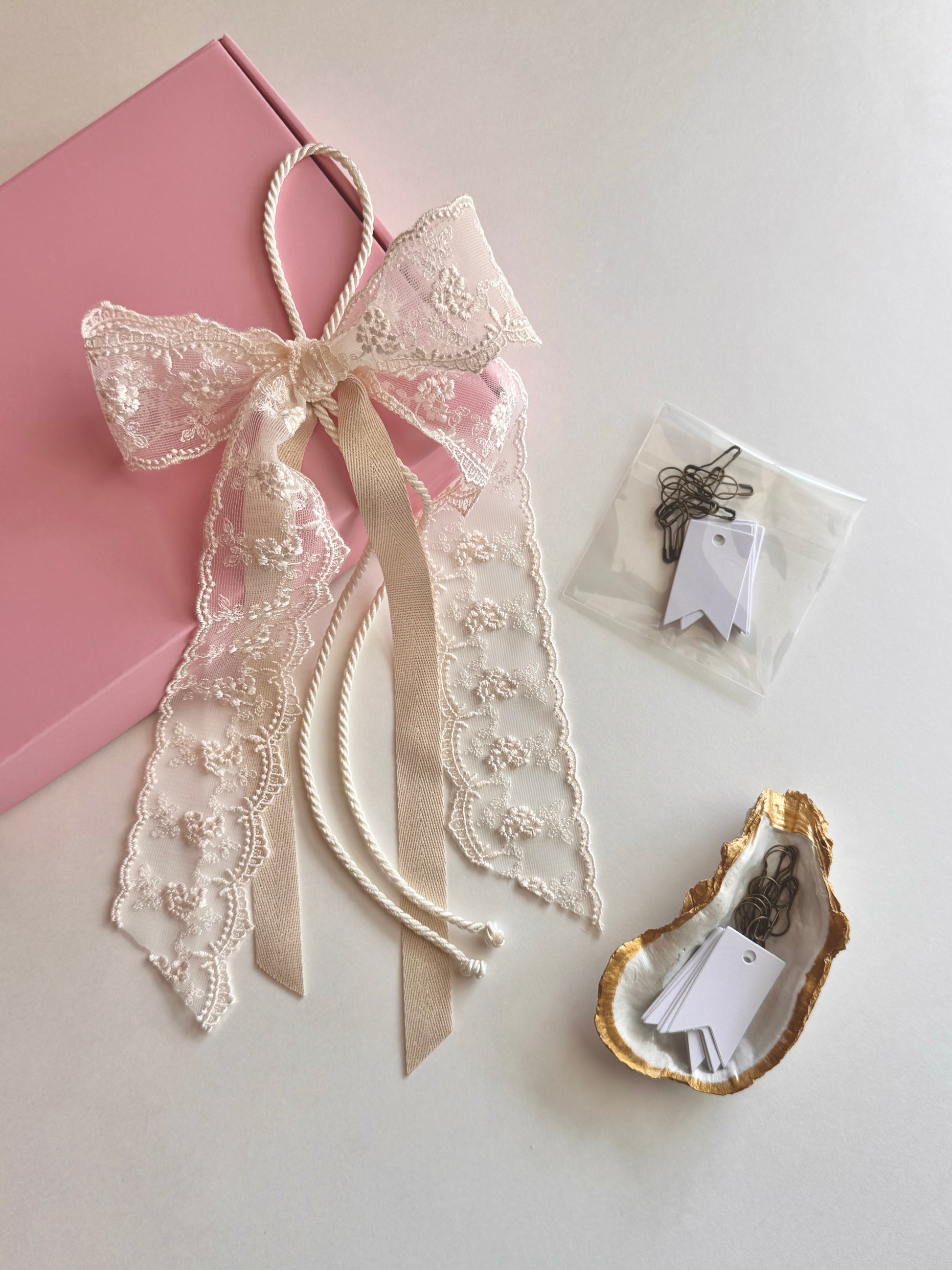 Ribbon Journal box set includes one ribbon, set of 24 pins and 24 papers, one handpainted oyster shell dish.