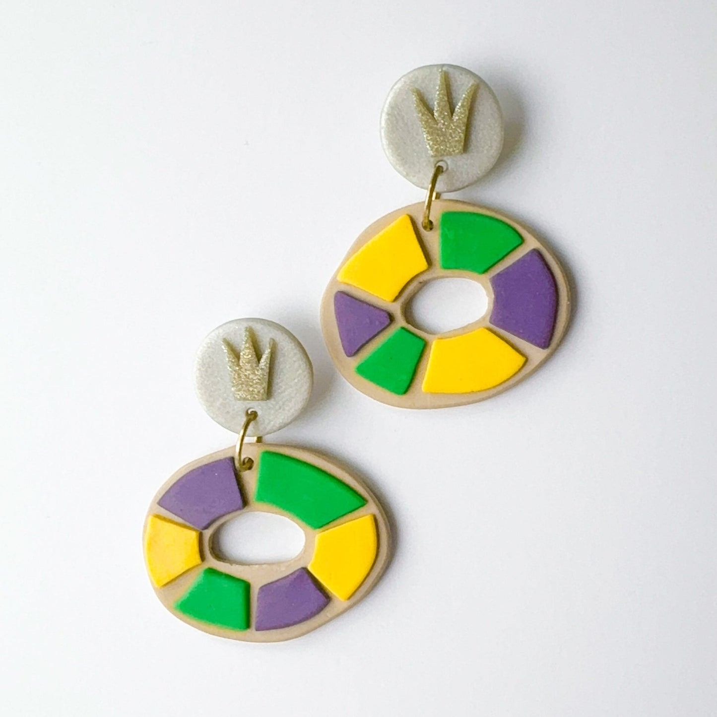 Mardi Gras King Cake Earrings Purple Green and Gold © Copyright Foshee Design Studio 2024