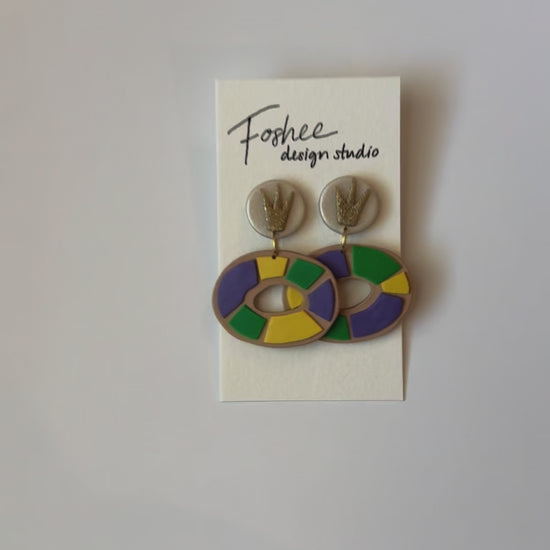 Mardi Gras King Cake Earrings Purple Green and Gold © Copyright Foshee Design Studio 2024