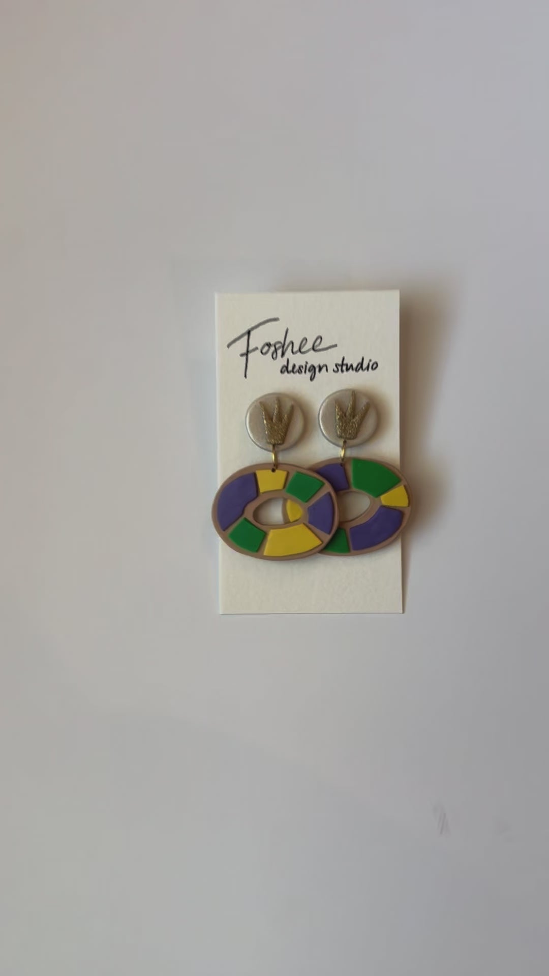 Mardi Gras King Cake Earrings Purple Green and Gold © Copyright Foshee Design Studio 2024